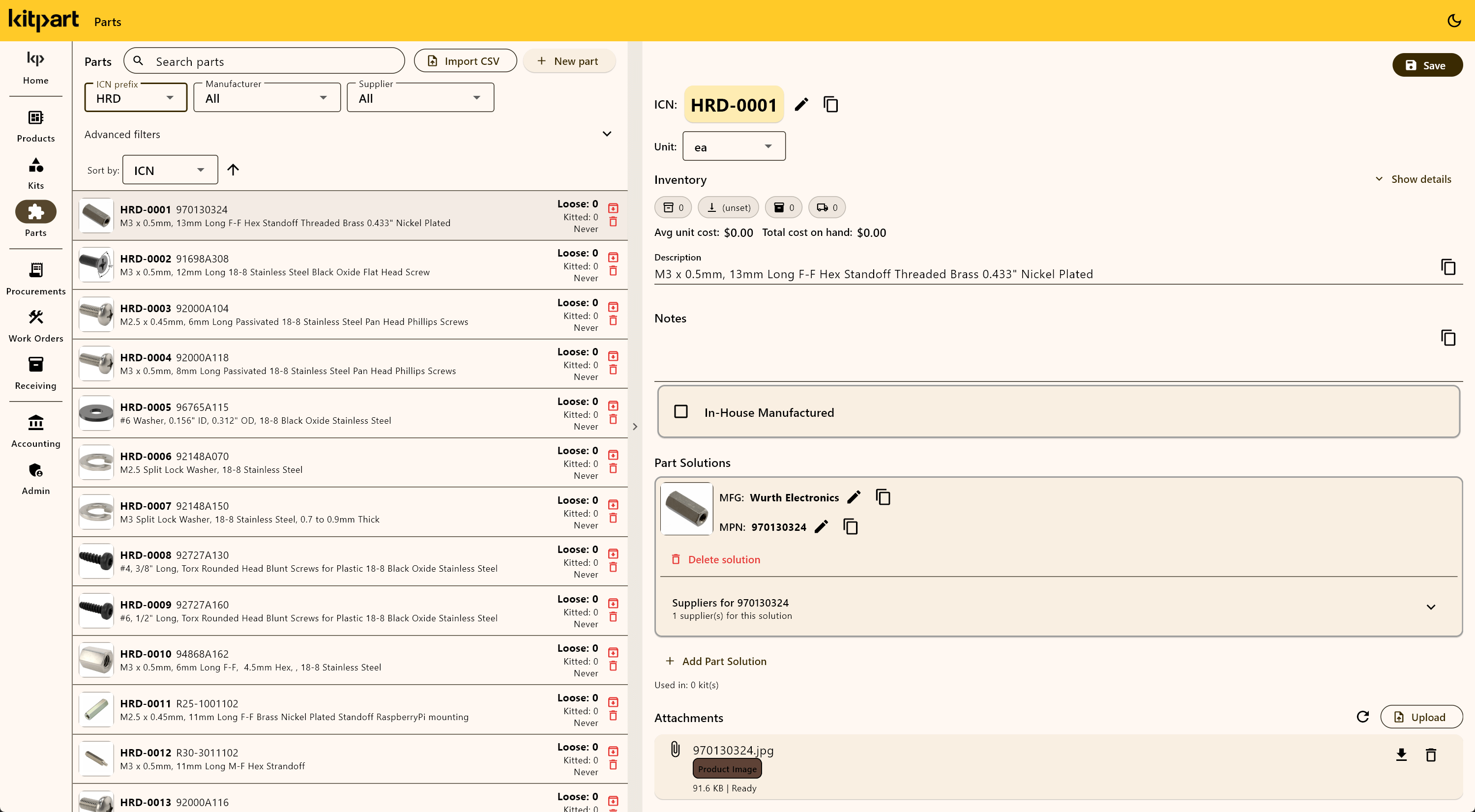 KitPart part list and editor interface screenshot